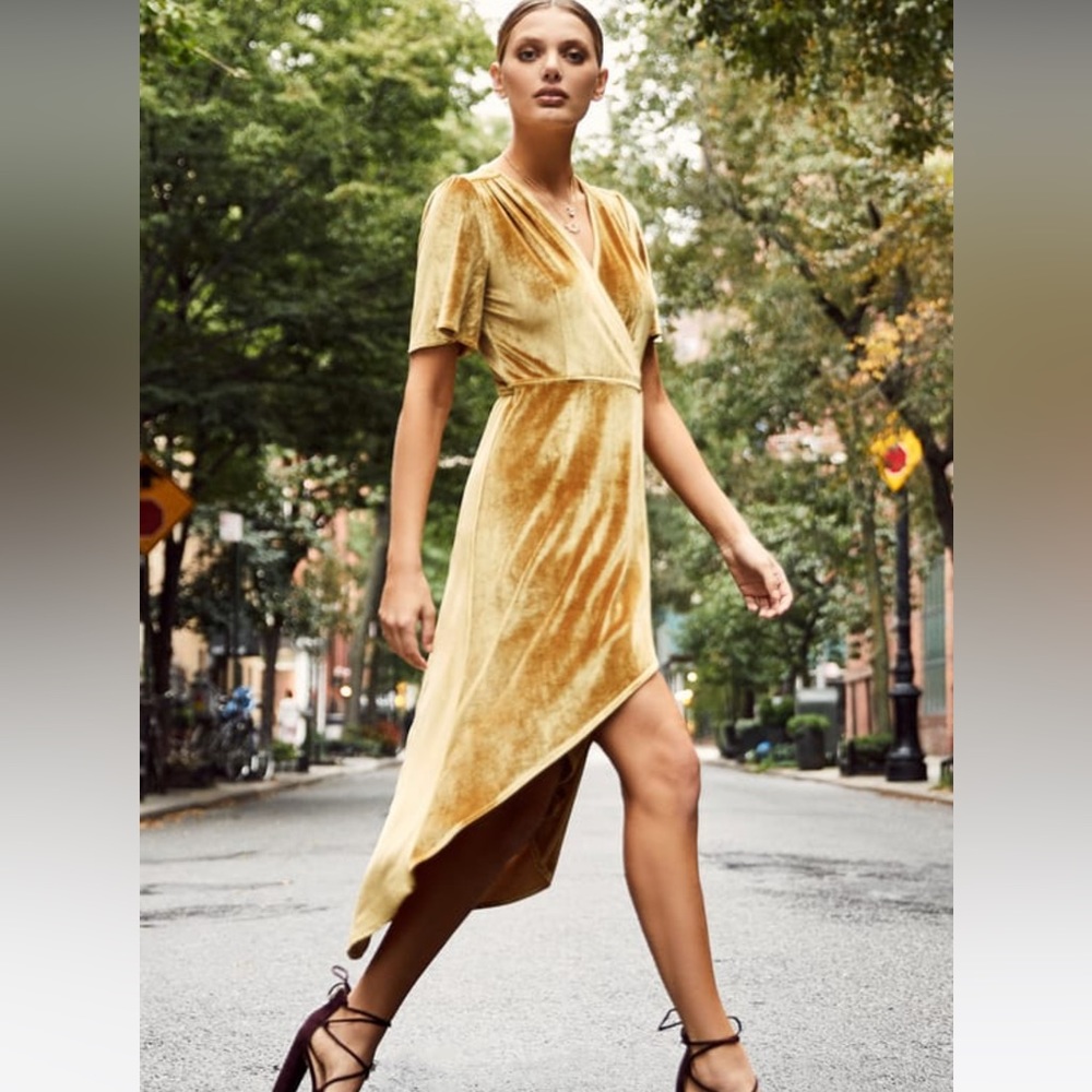 LuLu’s Amour Golden Yellow Velvet High-Low Wrap Dress - Size XS
